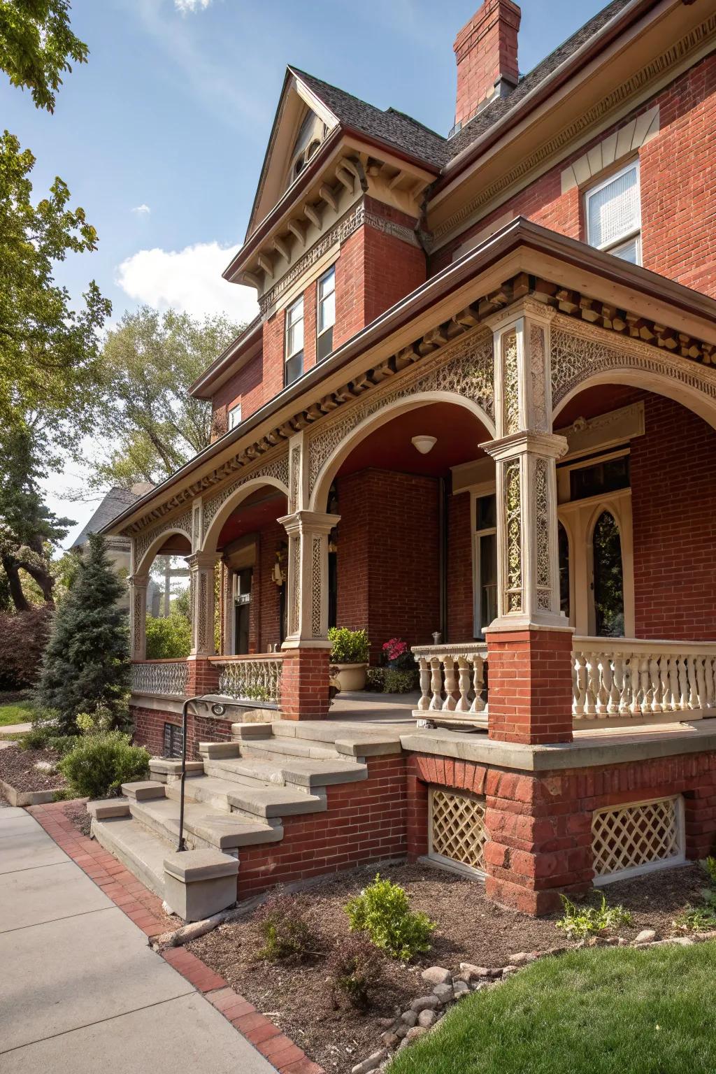 Grand entrance arches add elegance and sophistication to a red brick porch.