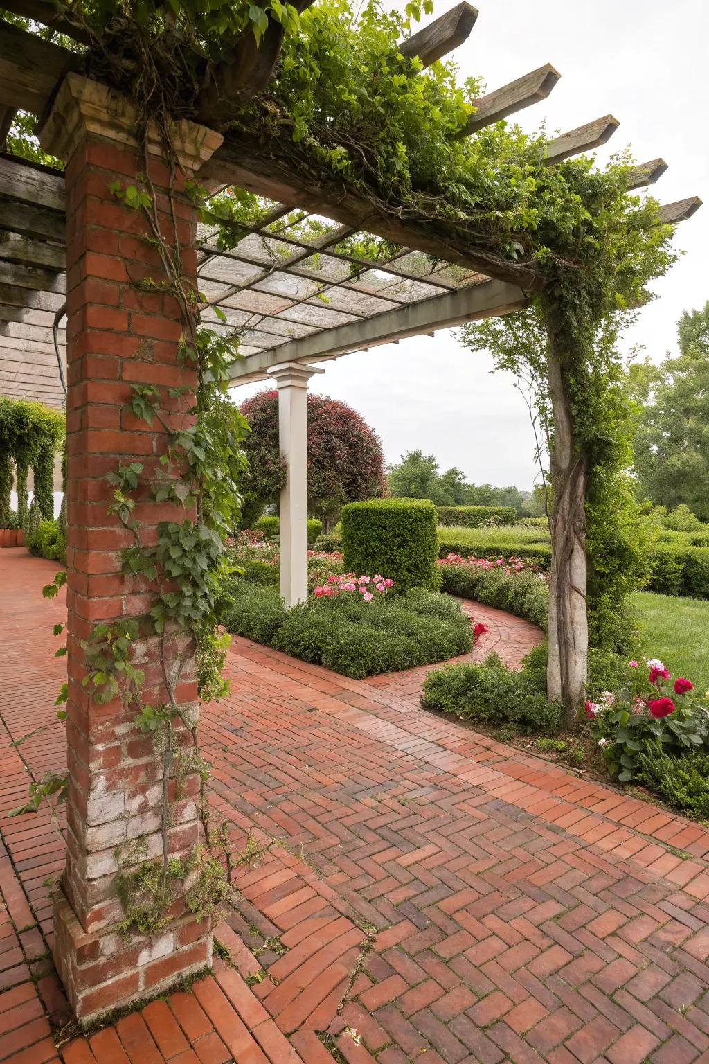 A red brick patio with a charming trellis draped in greenery