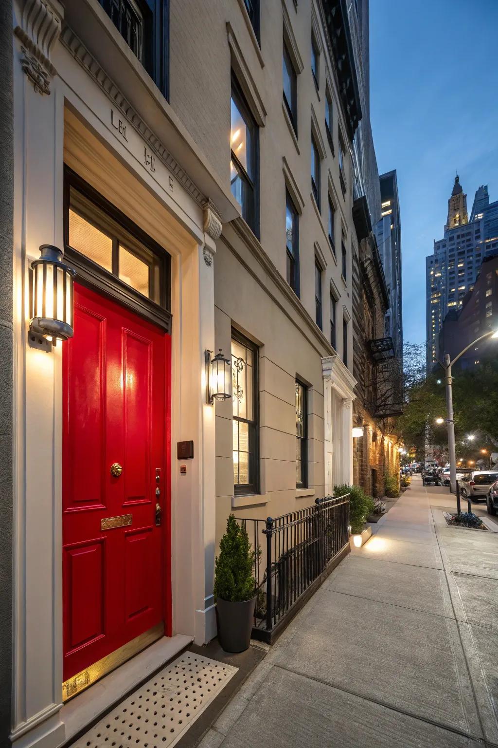 Urban townhouse with a sleek red door, epitomizing sophistication.