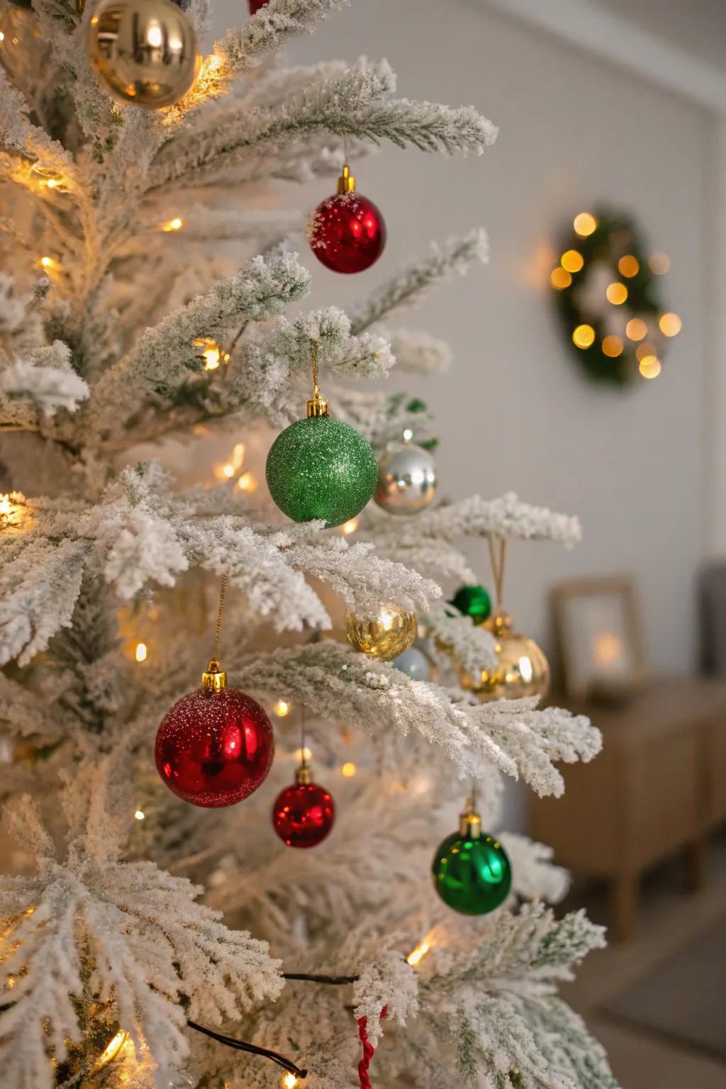 Frosted branches create a winter wonderland effect on this festive tree.