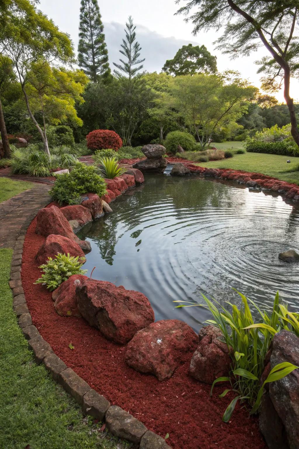 Scarlet igneous stones amplify the inherent splendor of a garden pond.