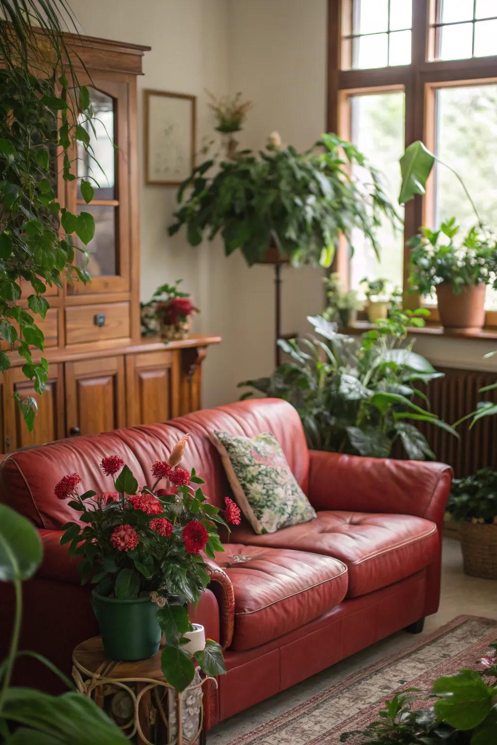 Verdure adds a refreshing contrast to a family room that includes a crimson hide lounge.