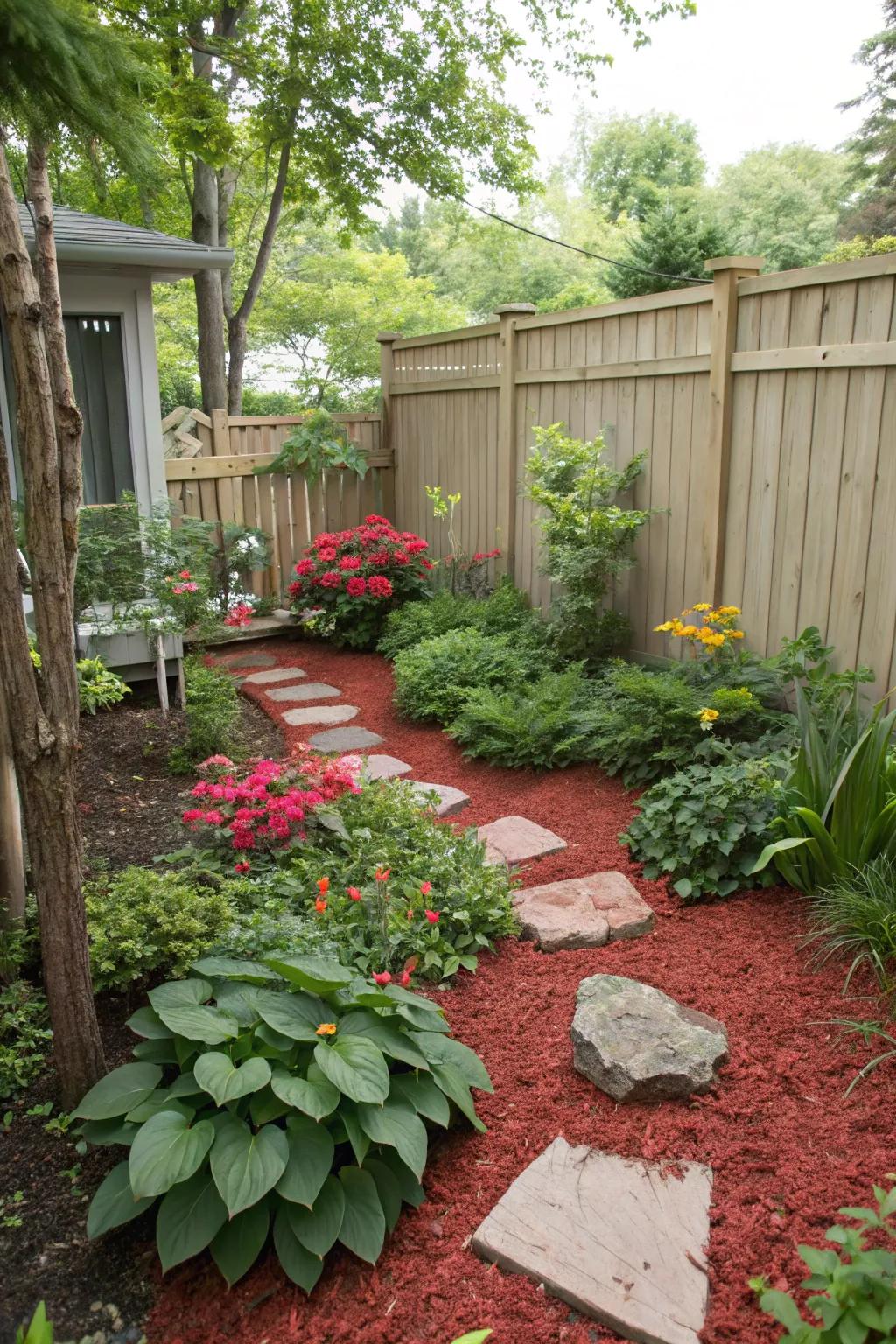 Scarlet ground cover defines petite spaces, rendering each garden segment feel unparalleled.