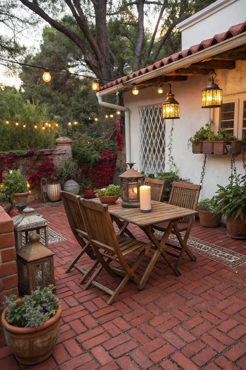 Country allure and crimson pavers compose a snug outdoor area.