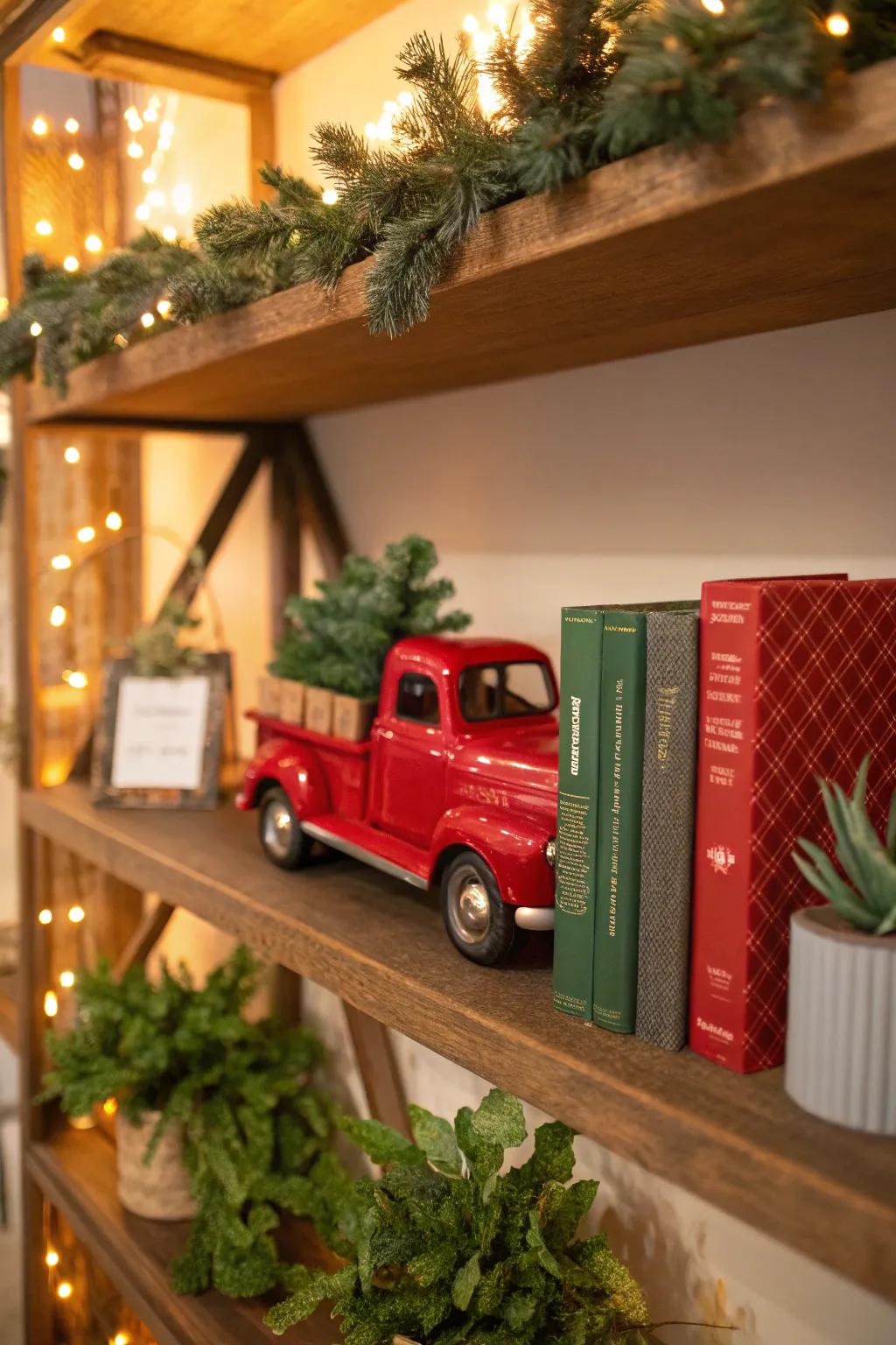 Cozy shelf setup featuring a red truck and festive accents.