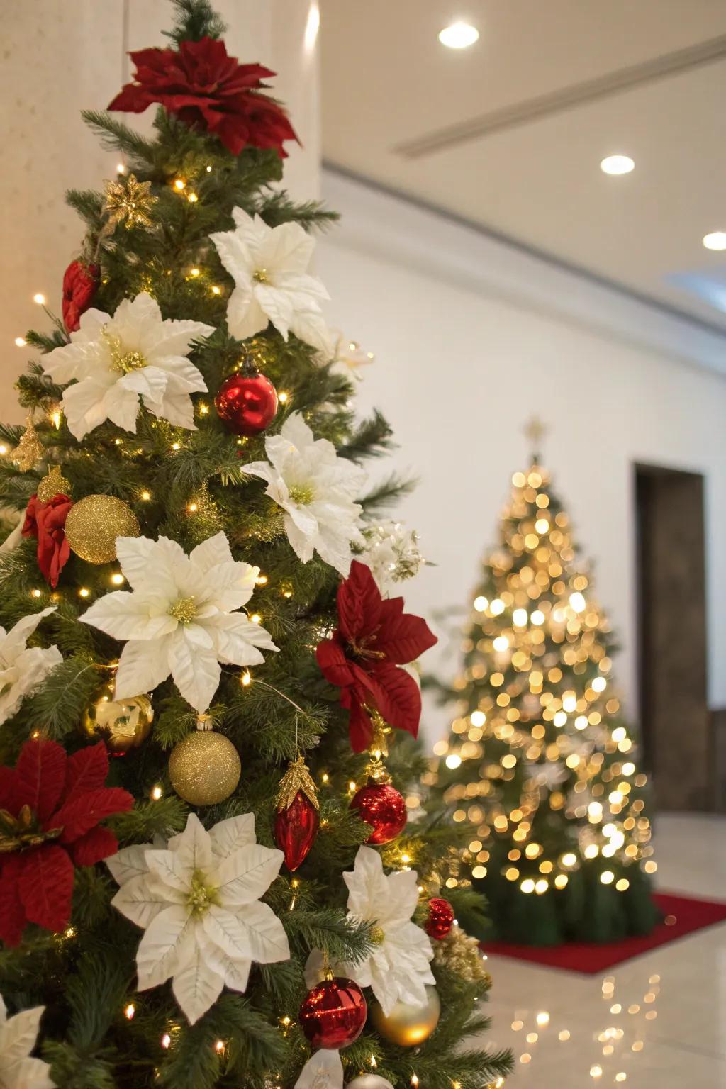 Imitation flowers fashion a lush and elegant floral Christmas tree.