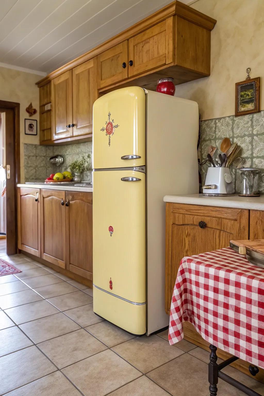 A kitchen showcasing a vintage-style refrigerator that radiates charm.