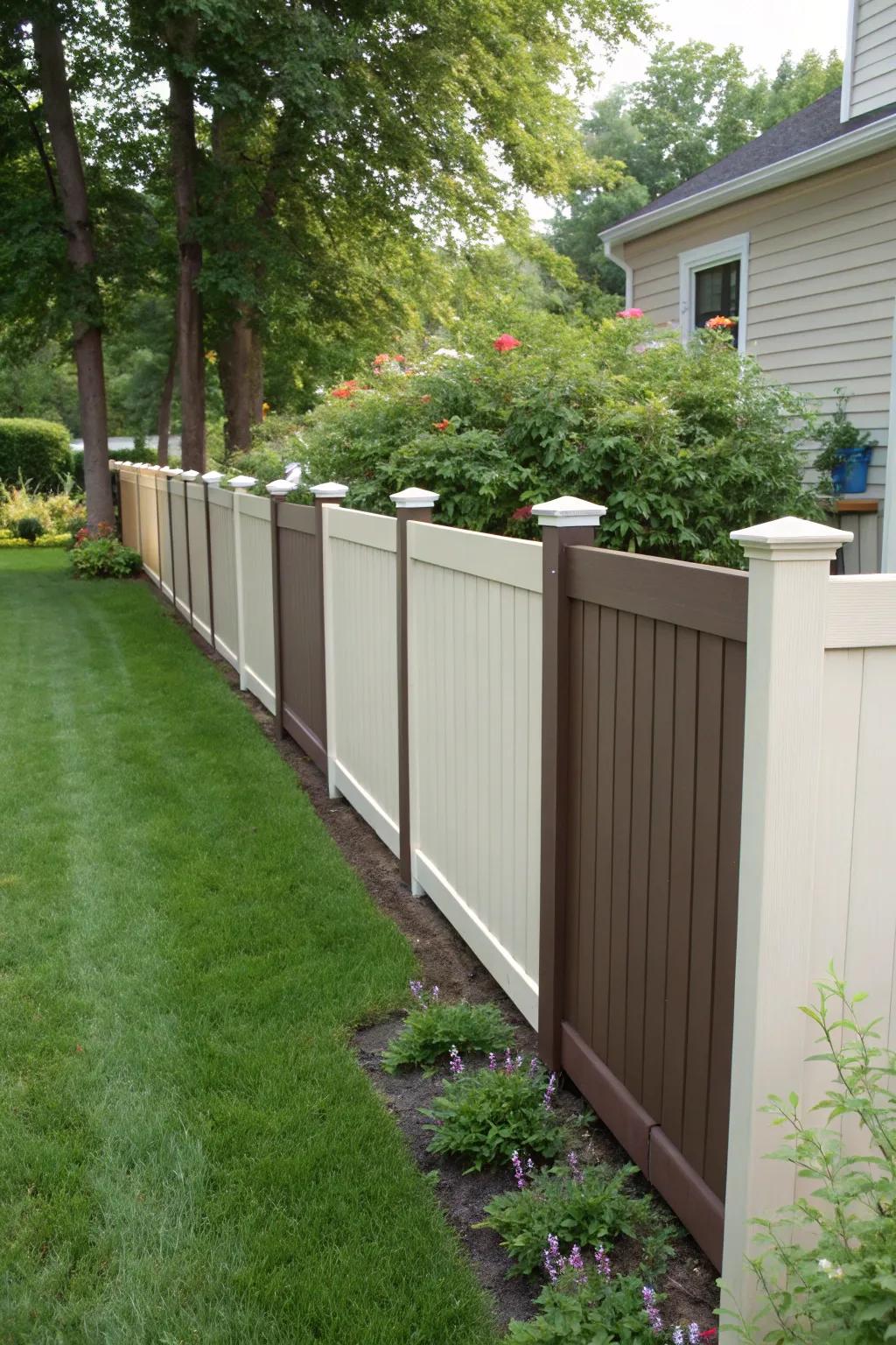 A two-tone vinyl fence offers a modern twist with its eye-catching contrast.