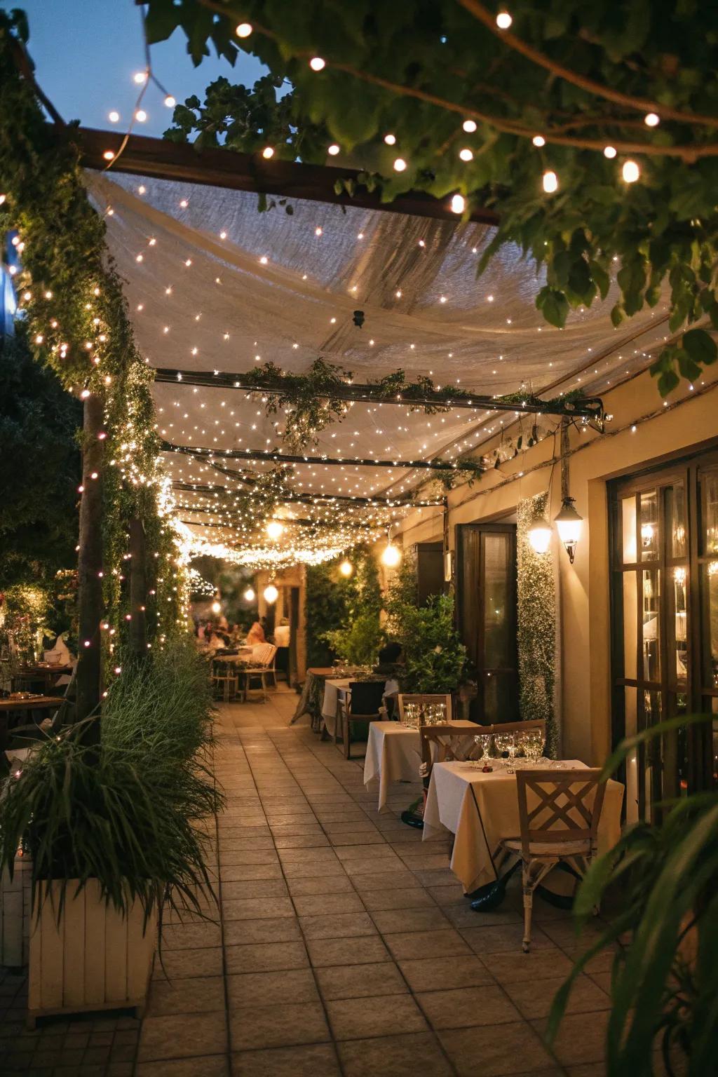 A twinkle light canopy transforms courtyards into enchanting zones.