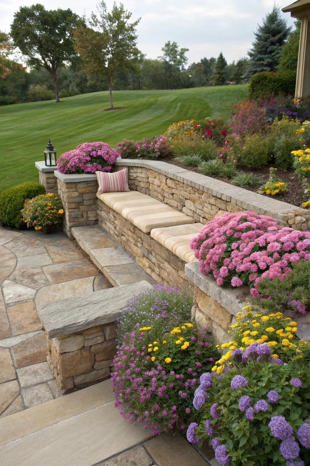Landscape wall enhanced with integrated seating, providing a comfortable spot nestled within the garden.