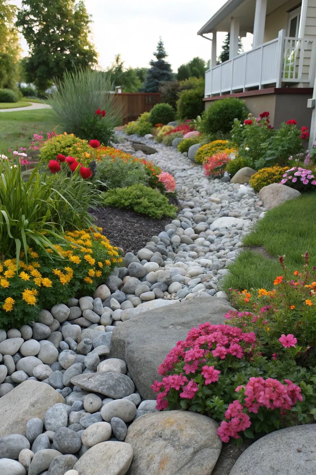 Highlight your flora with contrasting smooth pebble landscaping.