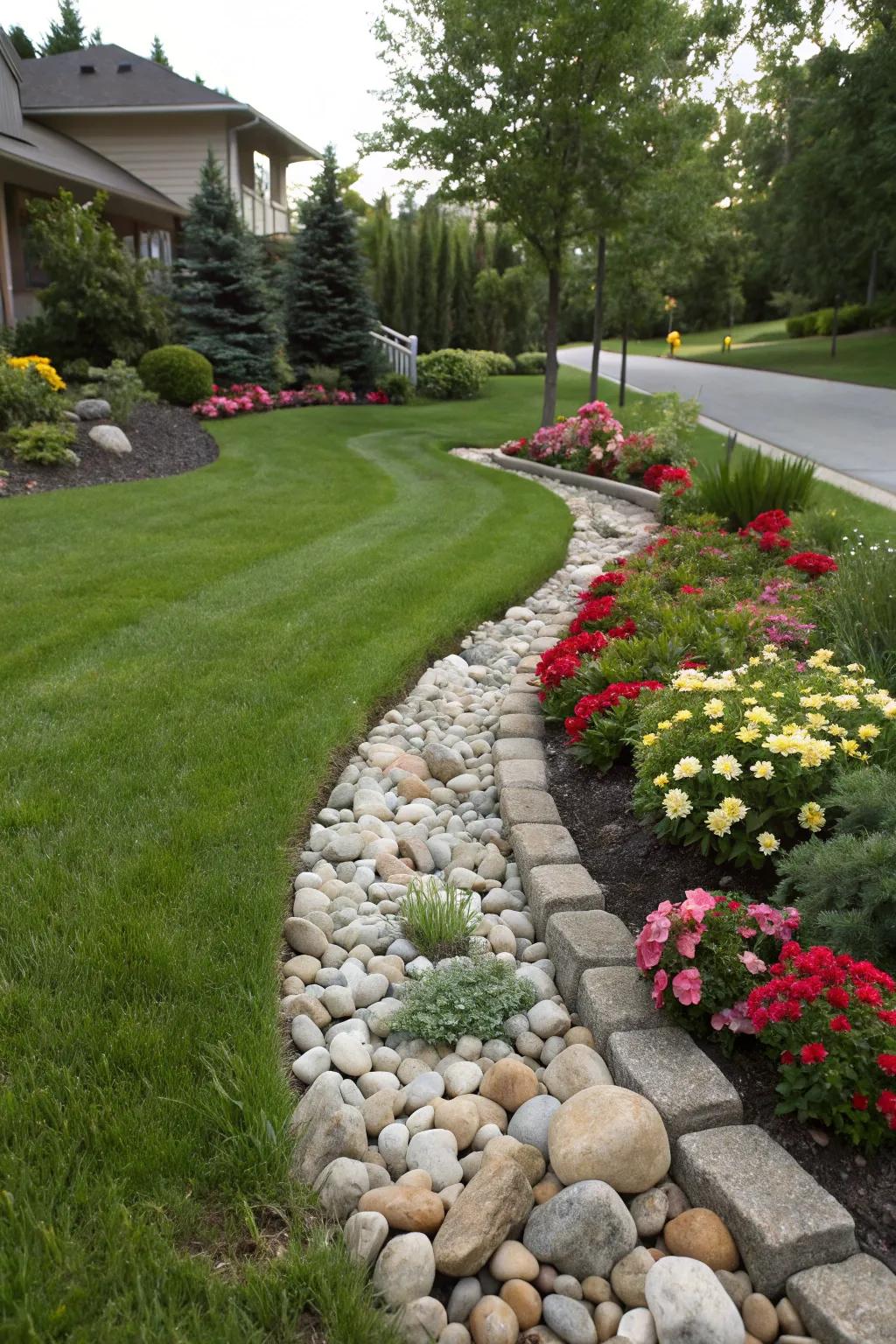 River rock edging defines and enhances the beauty of lawn and garden areas.
