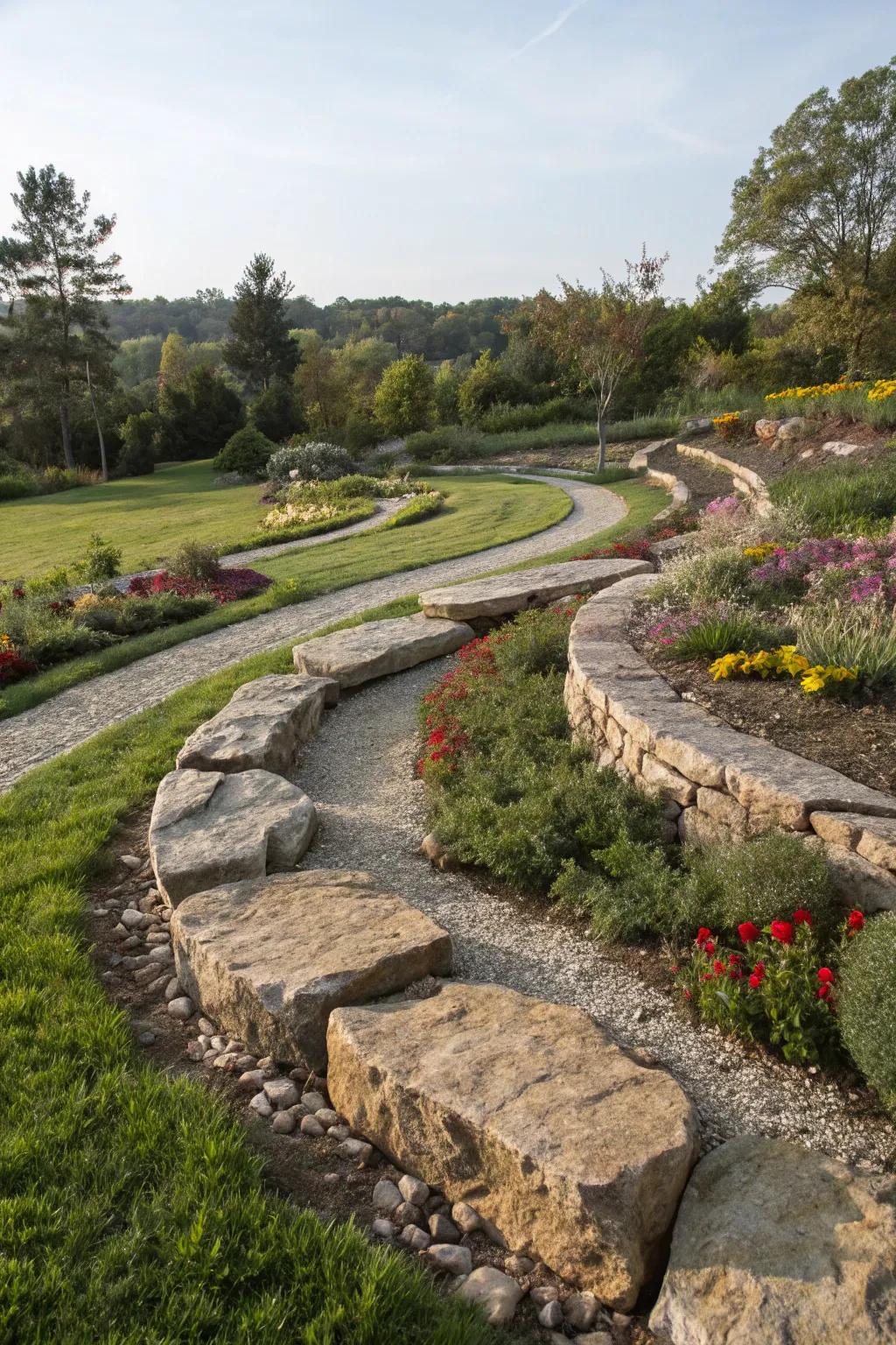 Curved stone edging bringing a fun aspect to a garden landscape.