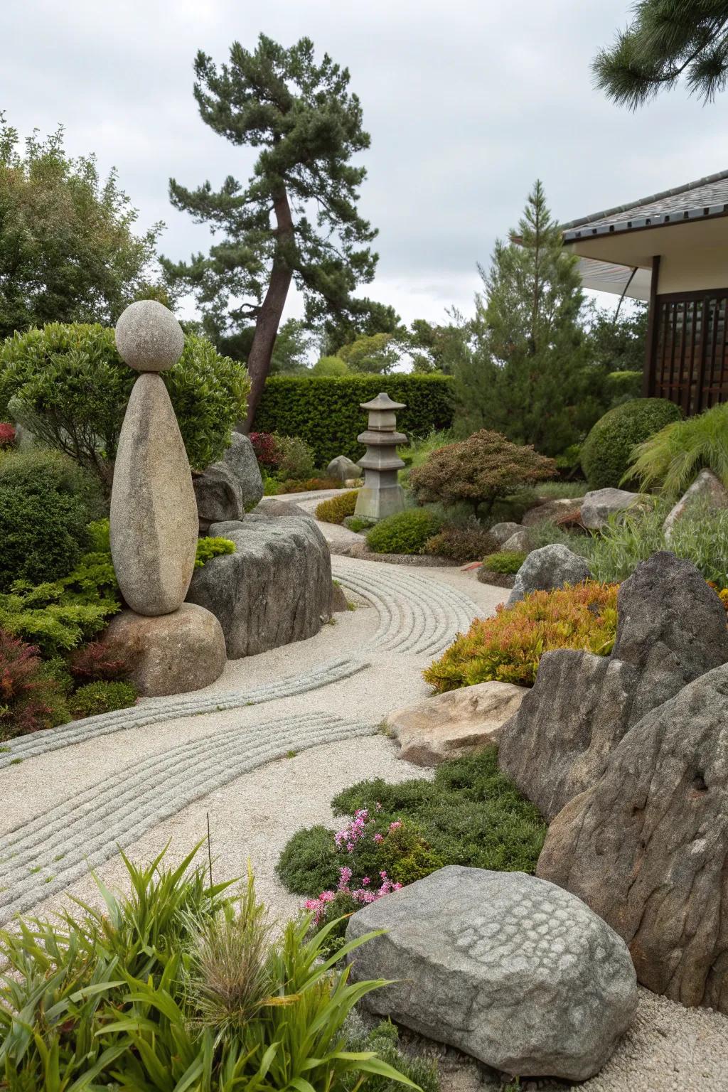 Artistic stone statues impart an imaginative nuance to a rock garden.