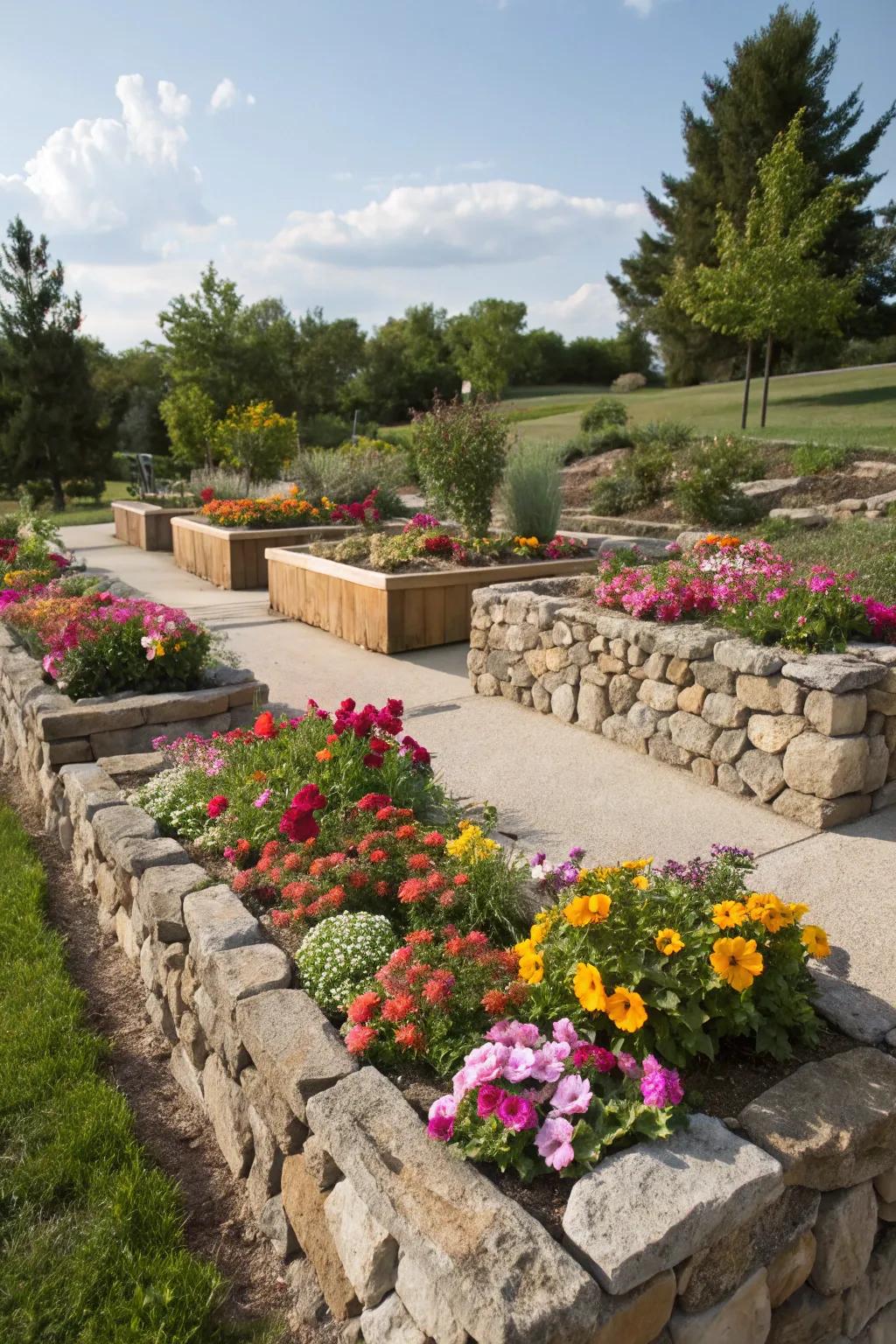 Elevated botanical beds featuring stone walls beautifully elevate your blossoms.