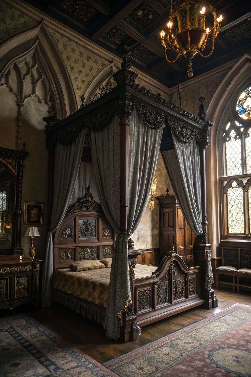 A canopy bed with flowing draperies exudes romance and enigma.