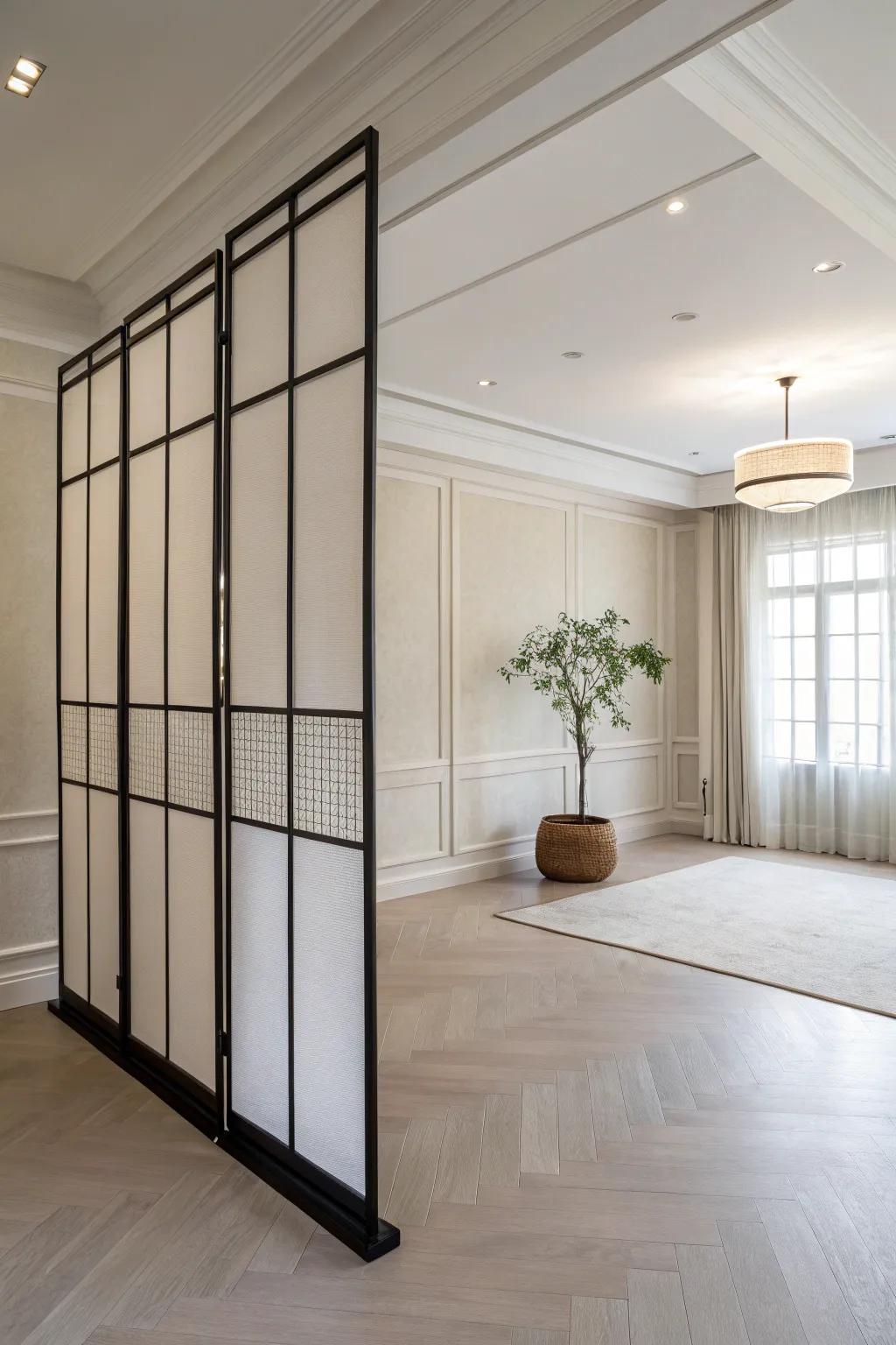 A minimalist room featuring a sleek half wall divider with minimalist lines.