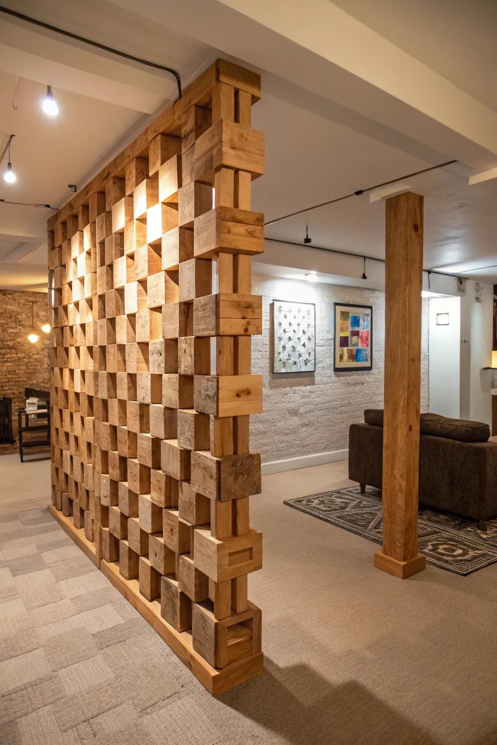 Solid timber pieces create a distinctive and captivating divider.
