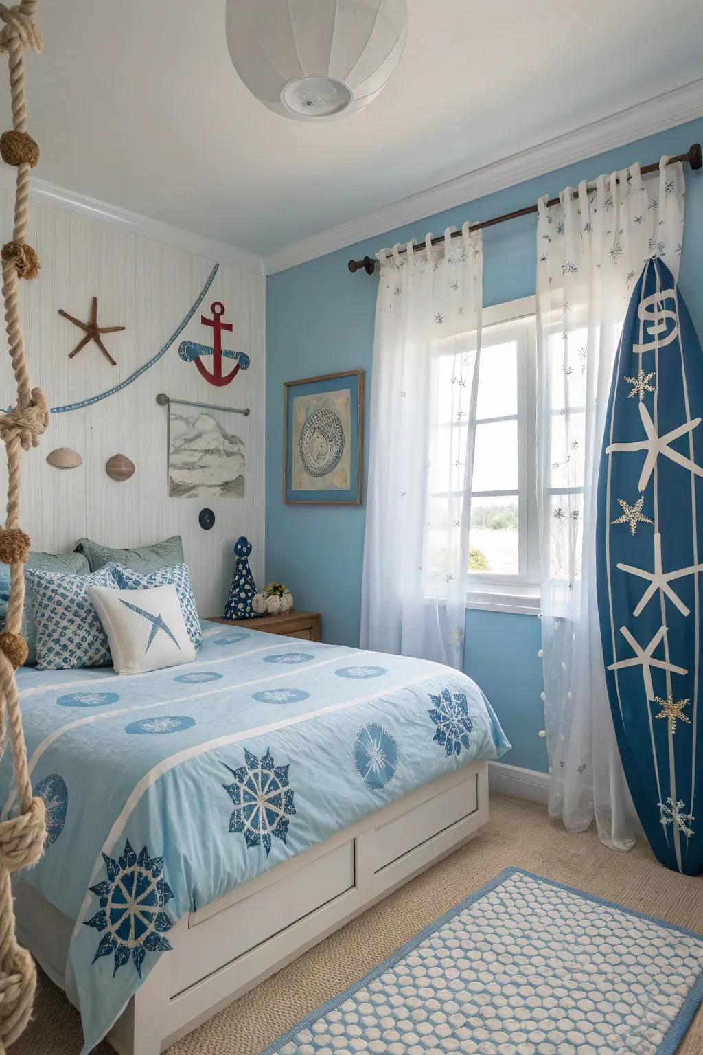 Themed decor unifies the room in a coherent manner.