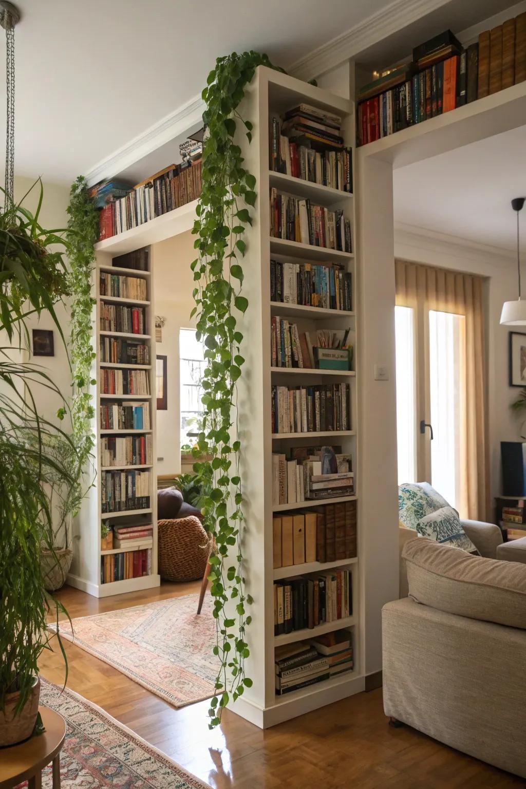 Wall area utilized with tall shelves and suspended greenery.