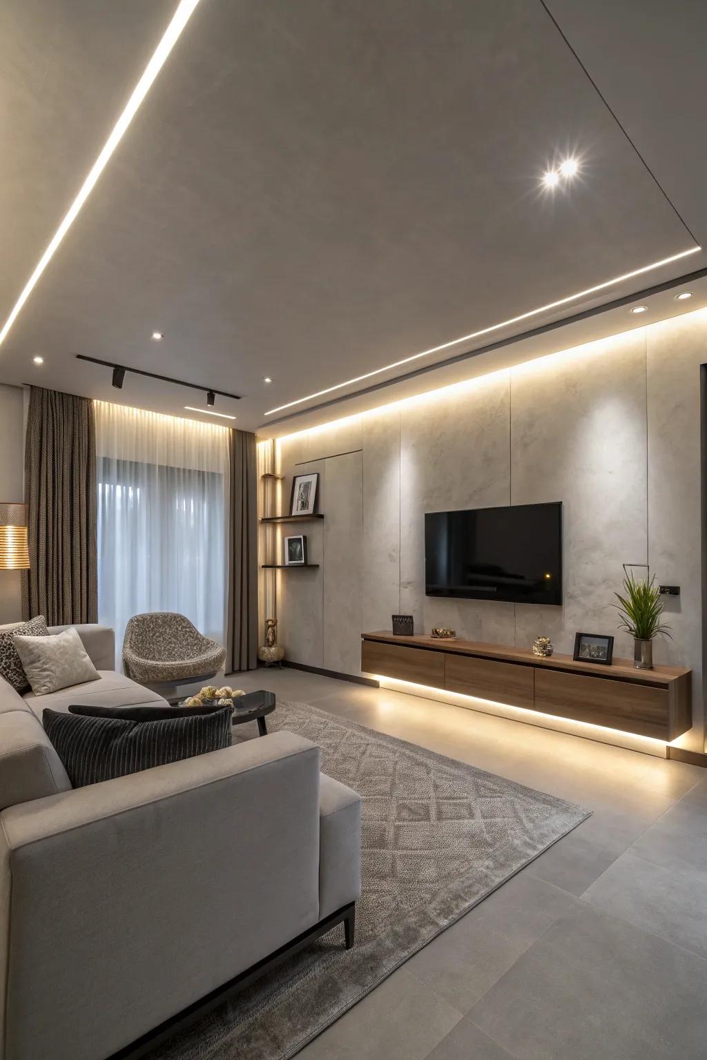 Attain a modern aesthetic using concealed LED cove lighting.