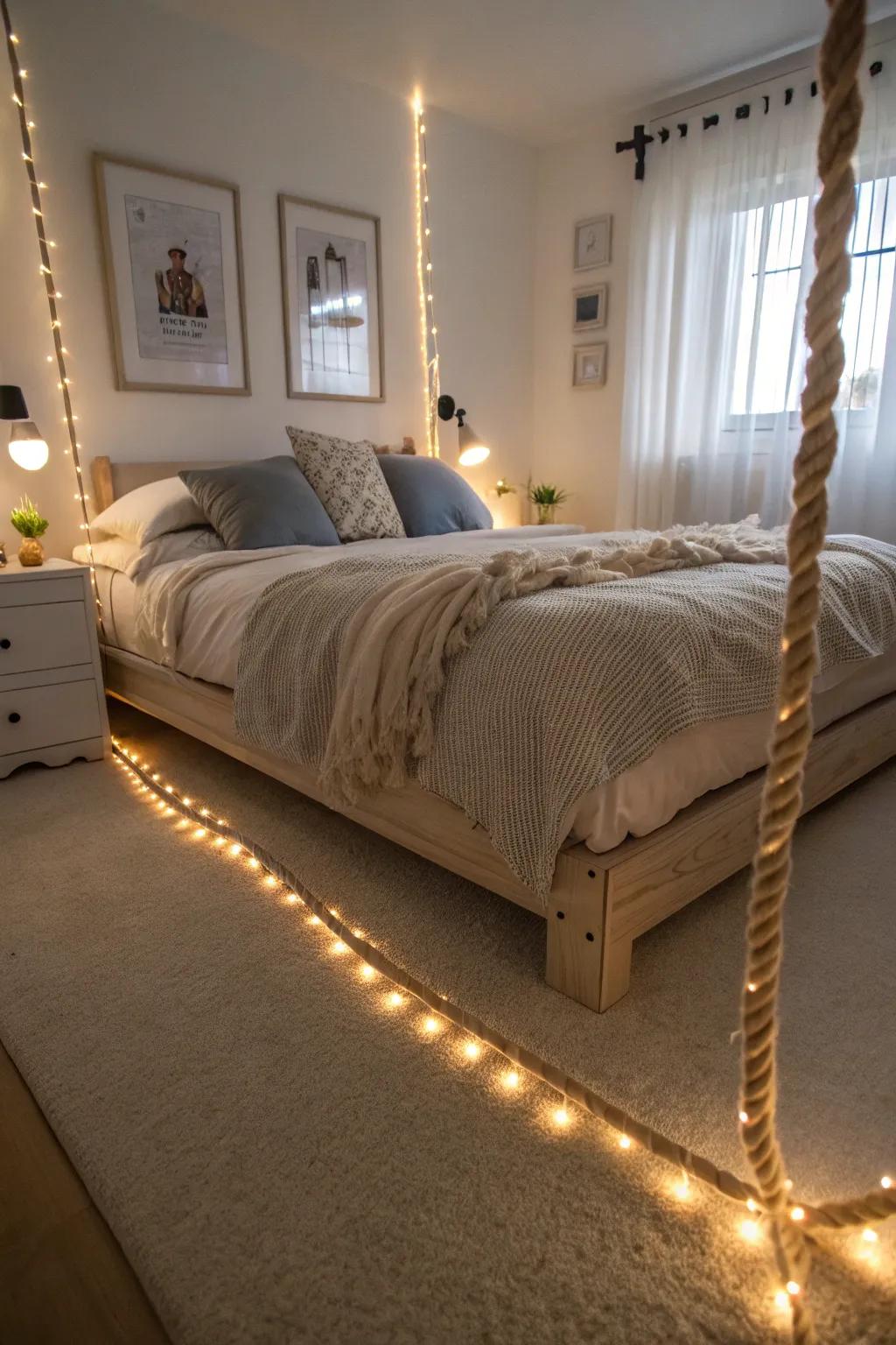 Add a dreamy glow to your bedroom with under-bed ribbon lights.
