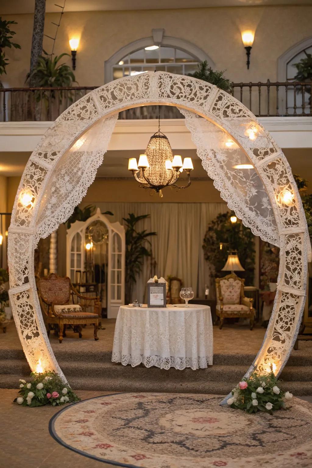 A vintage-themed arch with lace and classic elements that creates an everlasting look.