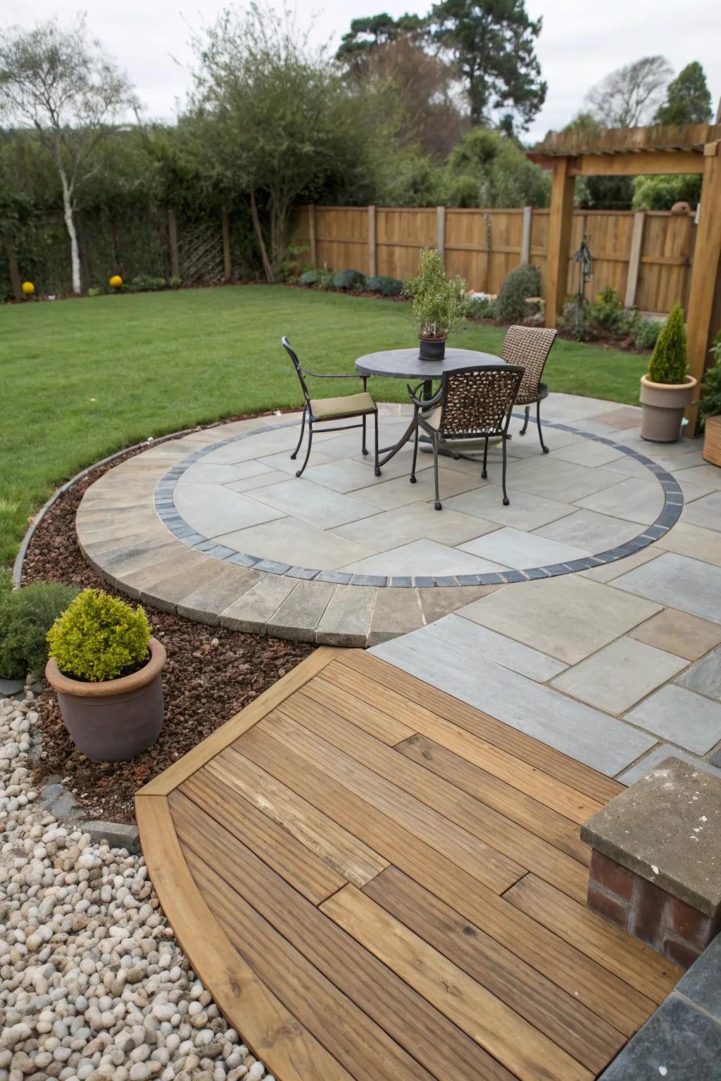 This patio exhibits a distinctive and textured facade because of the mixed materials.