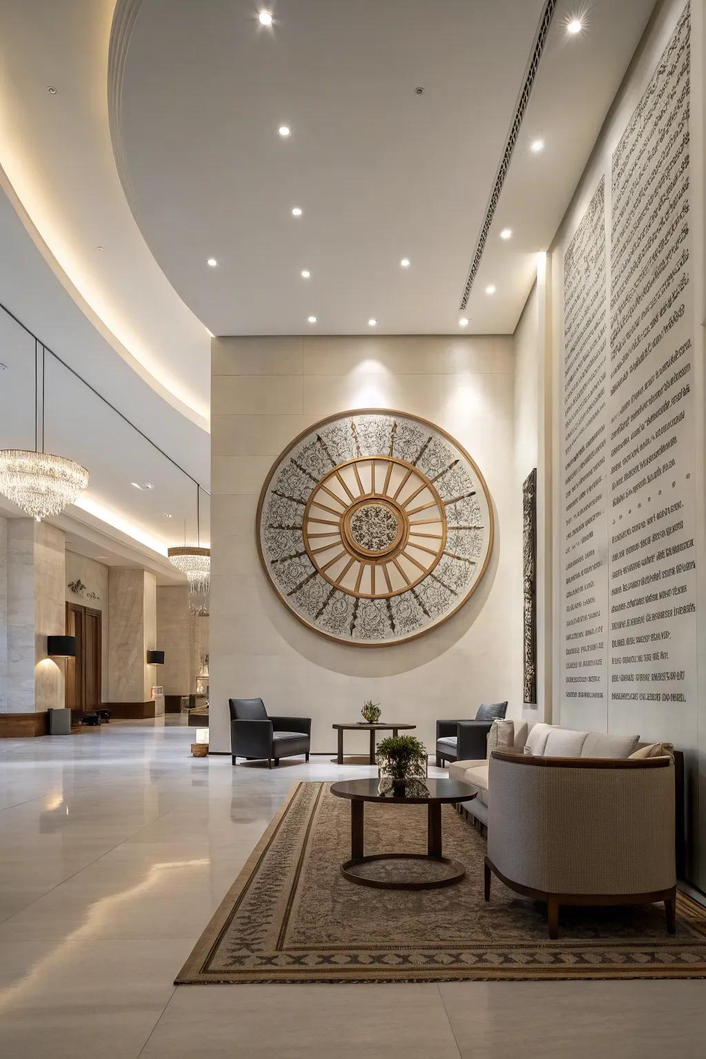 A spacious room highlighted by a large round showstopper piece making an impact.
