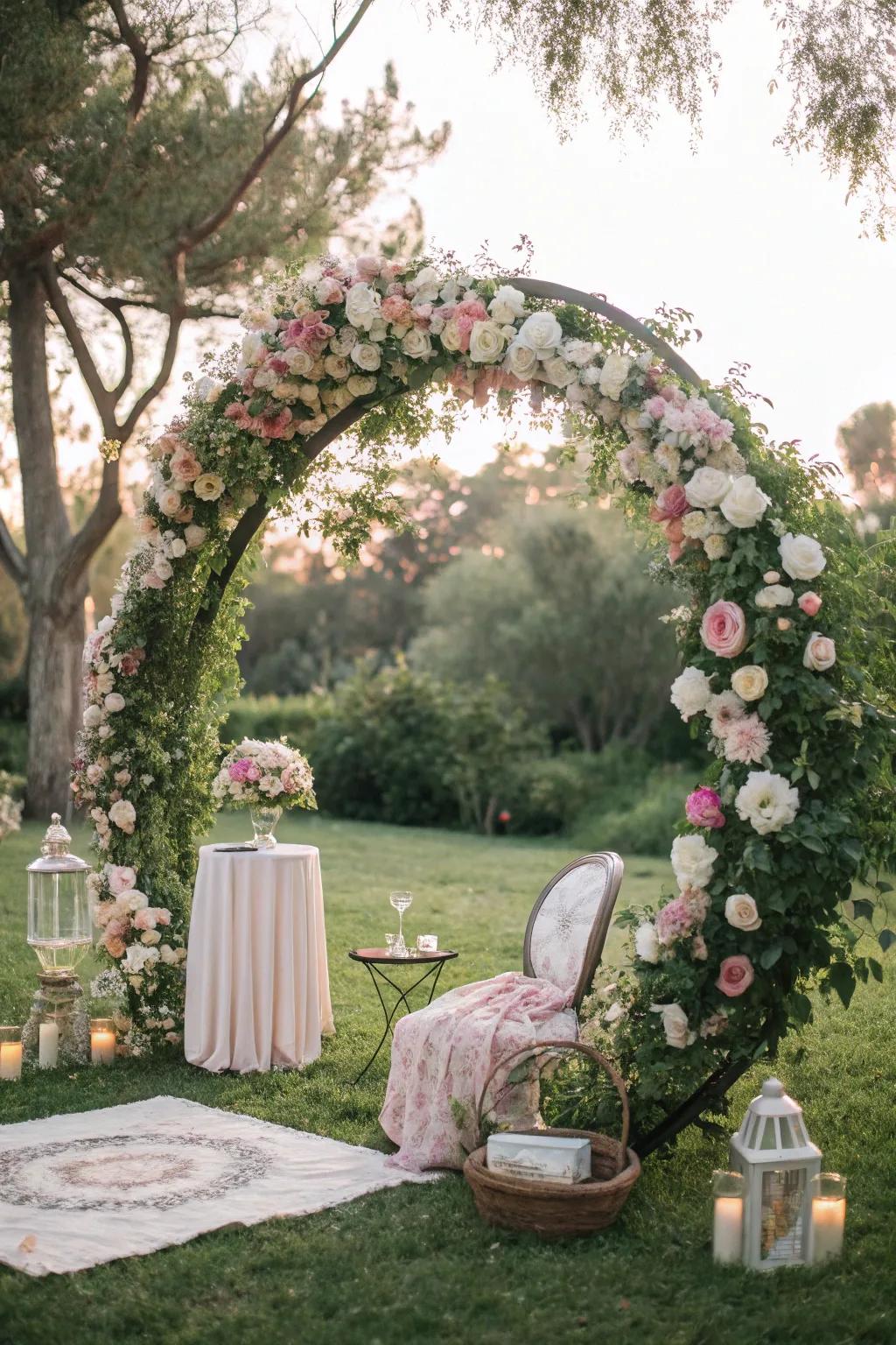 A vintage-inspired circular wedding arch with pastel tinges.