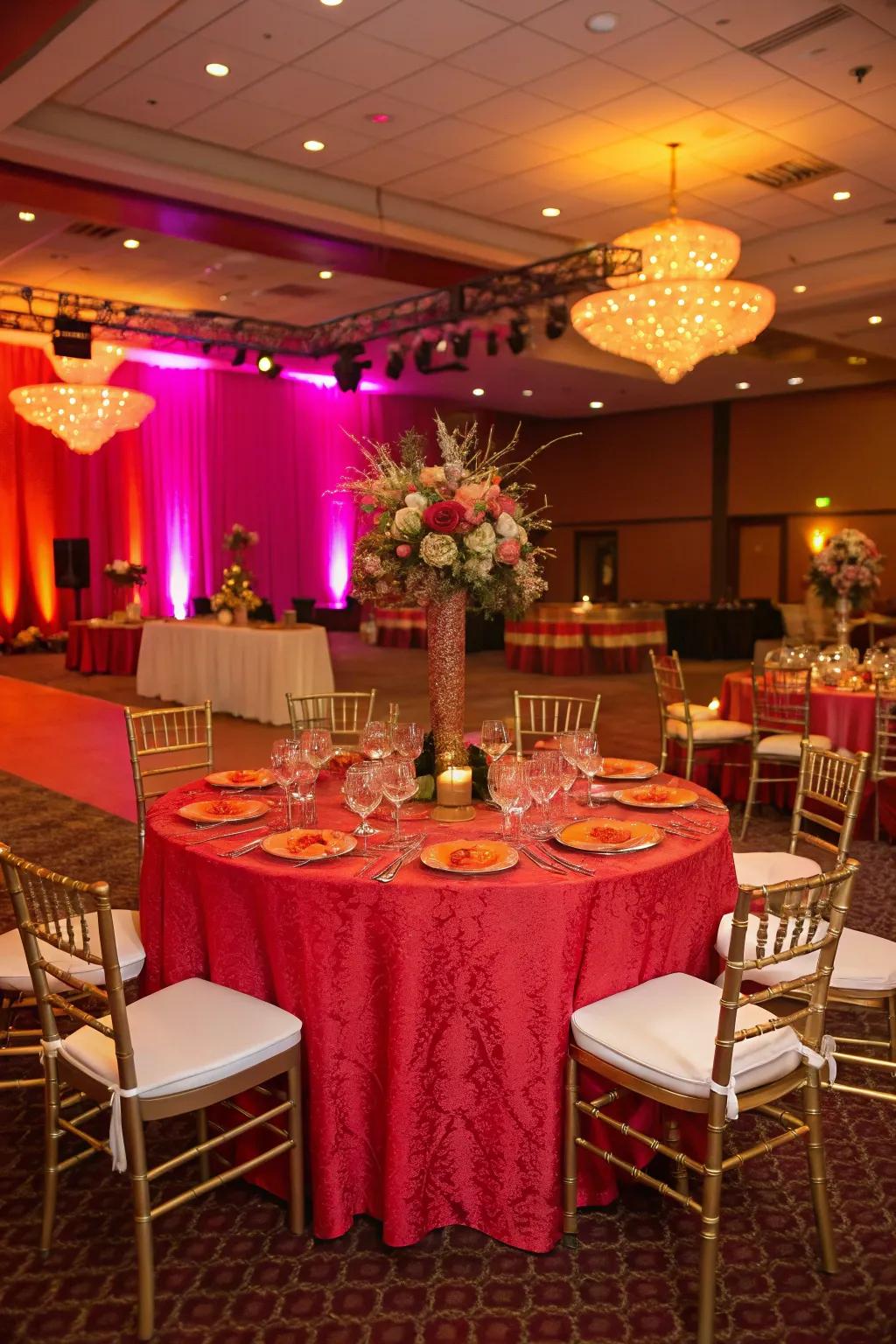 Bold table covering making a vibrant statement at a wedding.