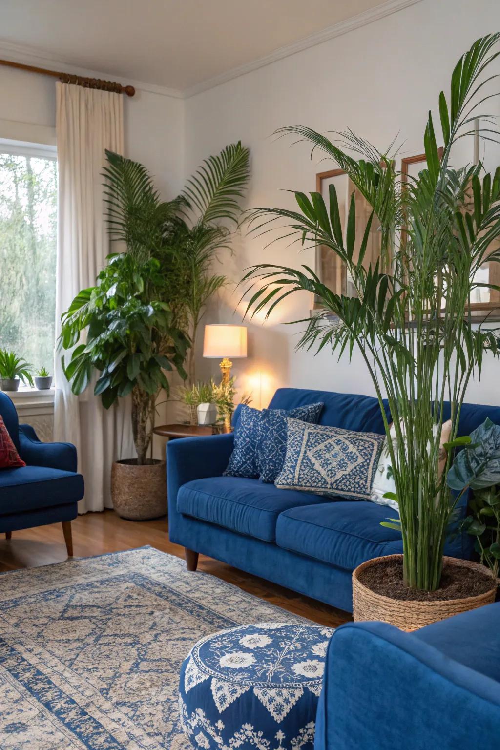 Indoor plants provide a fresh and vibrant contrast to royal blue decor.