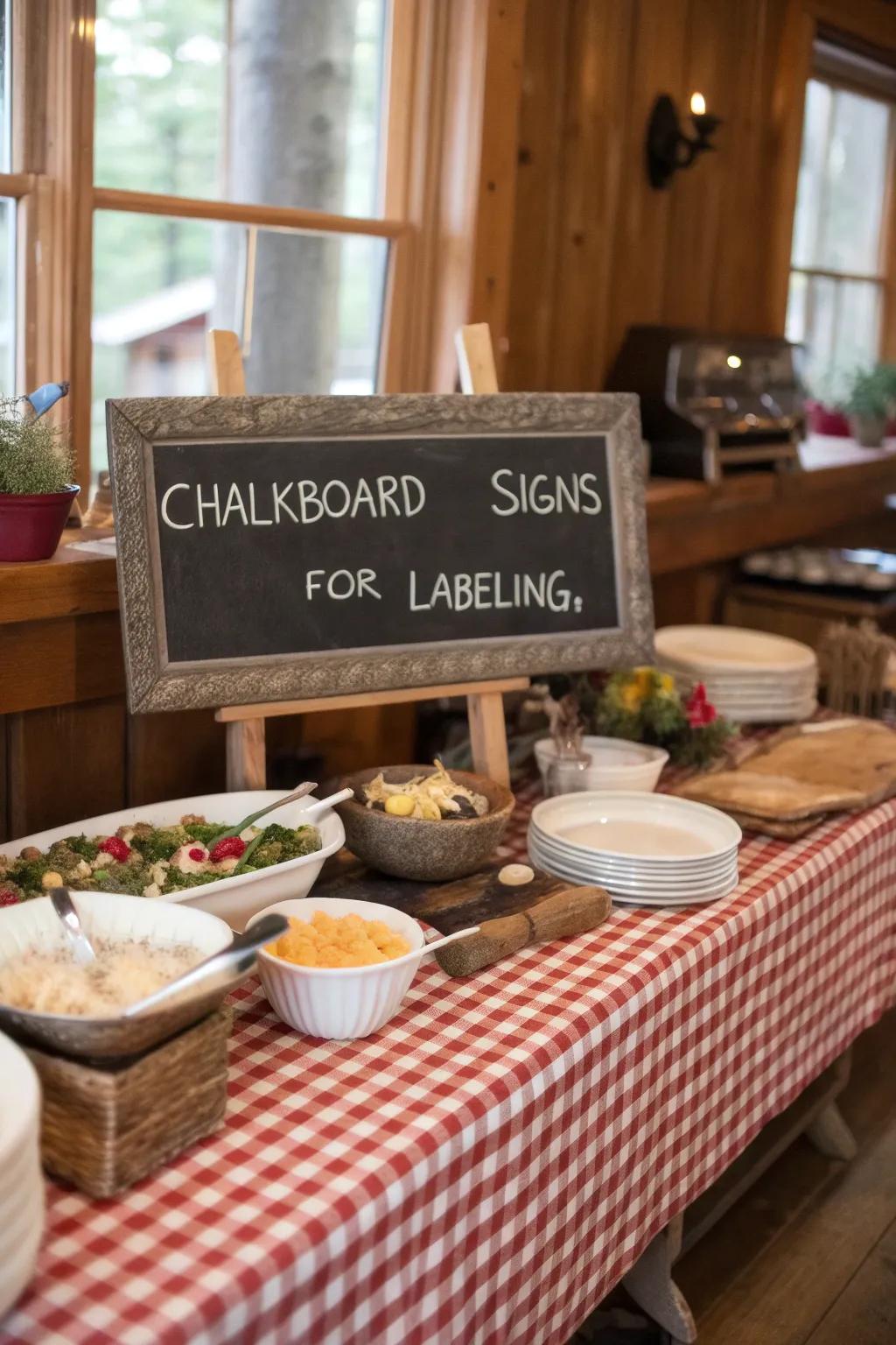 Blackboard signs introduce a playful and functional element to the serving station.