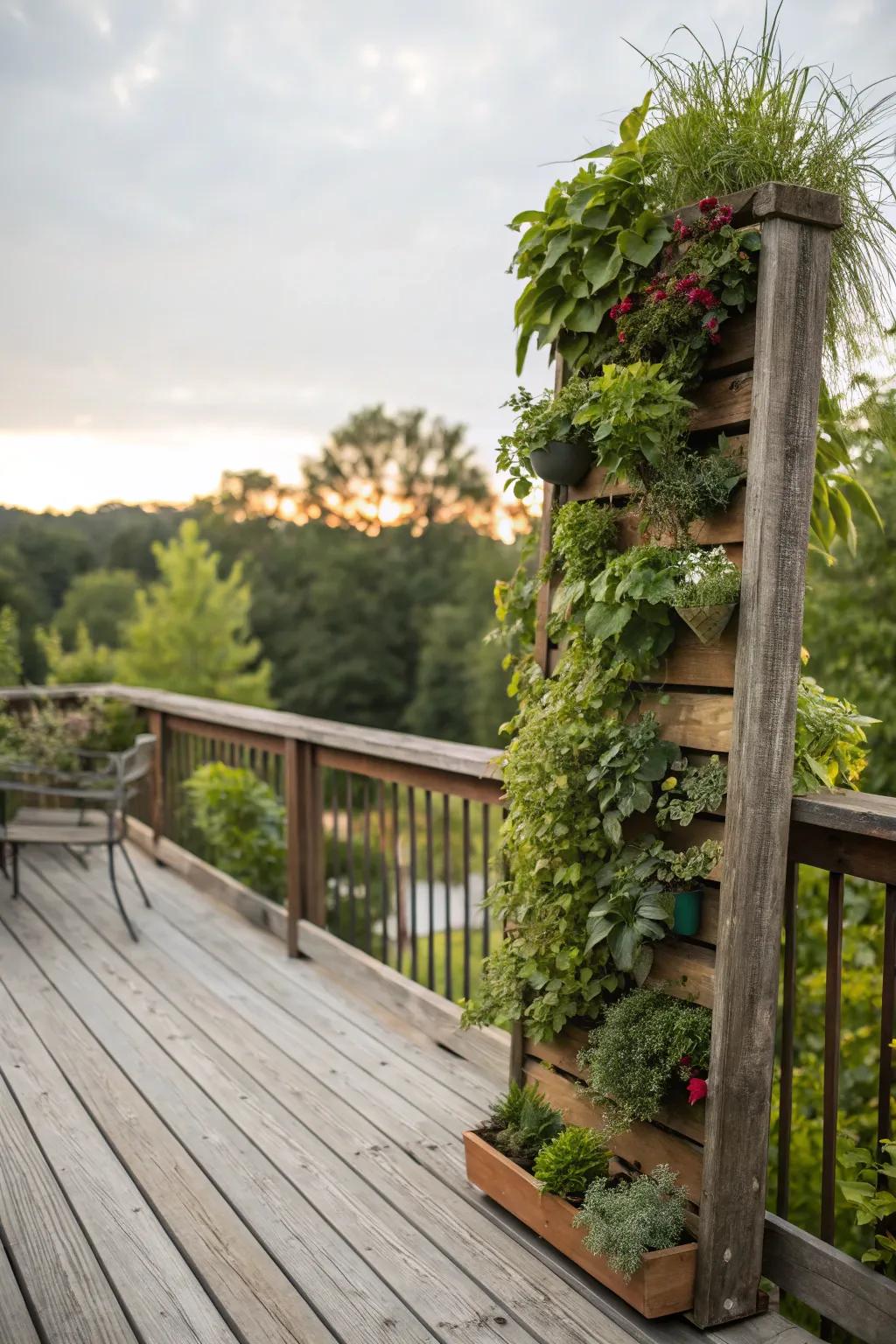 Vertical gardens add greenery and privacy to this rustic deck.