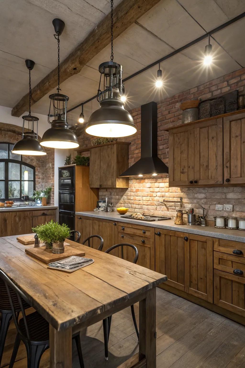 A kitchen blending country charm with industrial illumination.