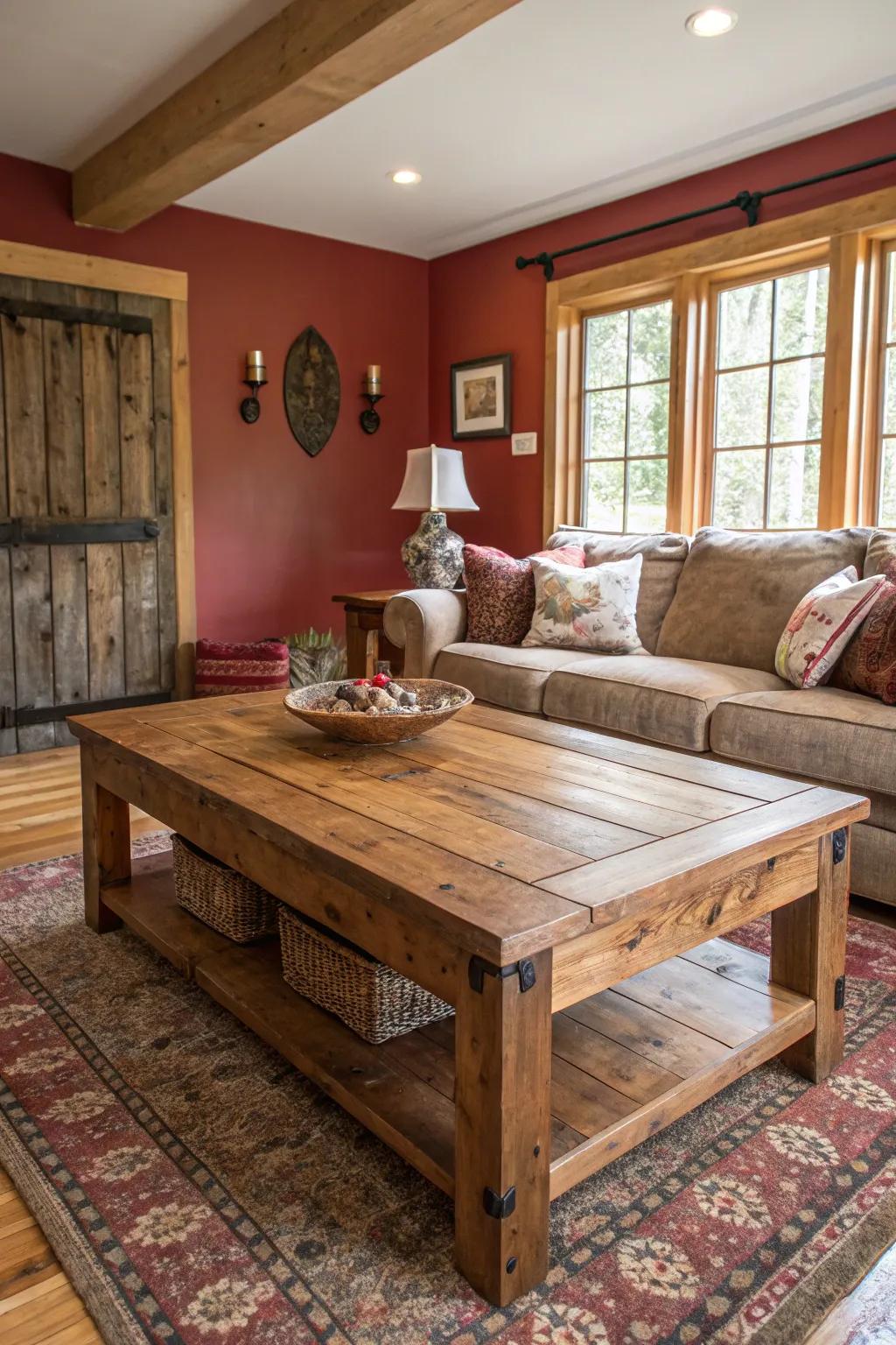 Reclaimed wood adds a sustainable rustic touch to the family room.