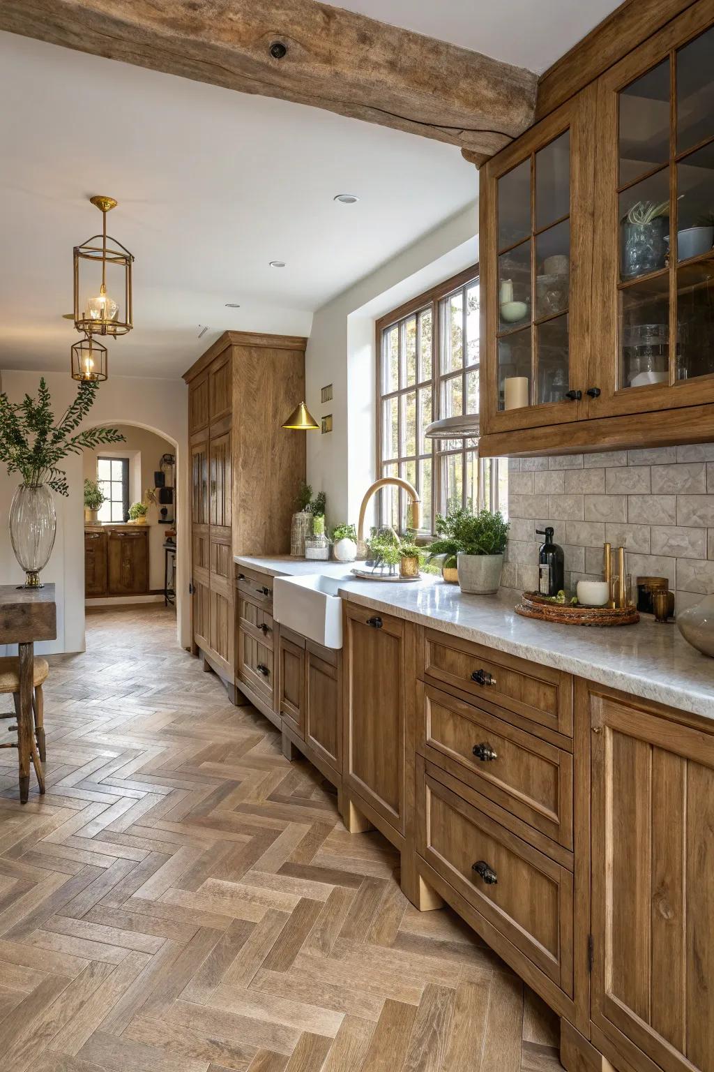 Herringbone patterns introduce sophistication to rustic floors.