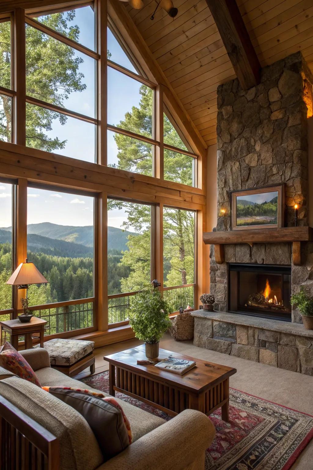 Indoor-outdoor harmony is achieved with this rustic fireplace design.