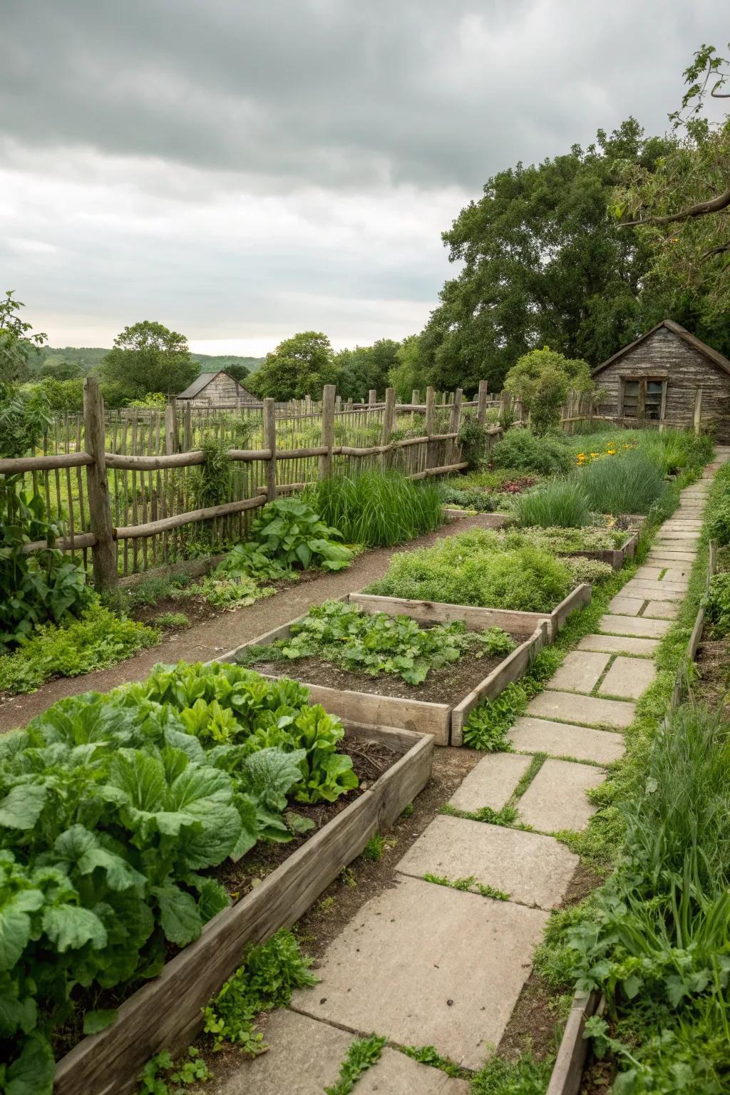 A thriving produce and herb garden in a countryside environment.