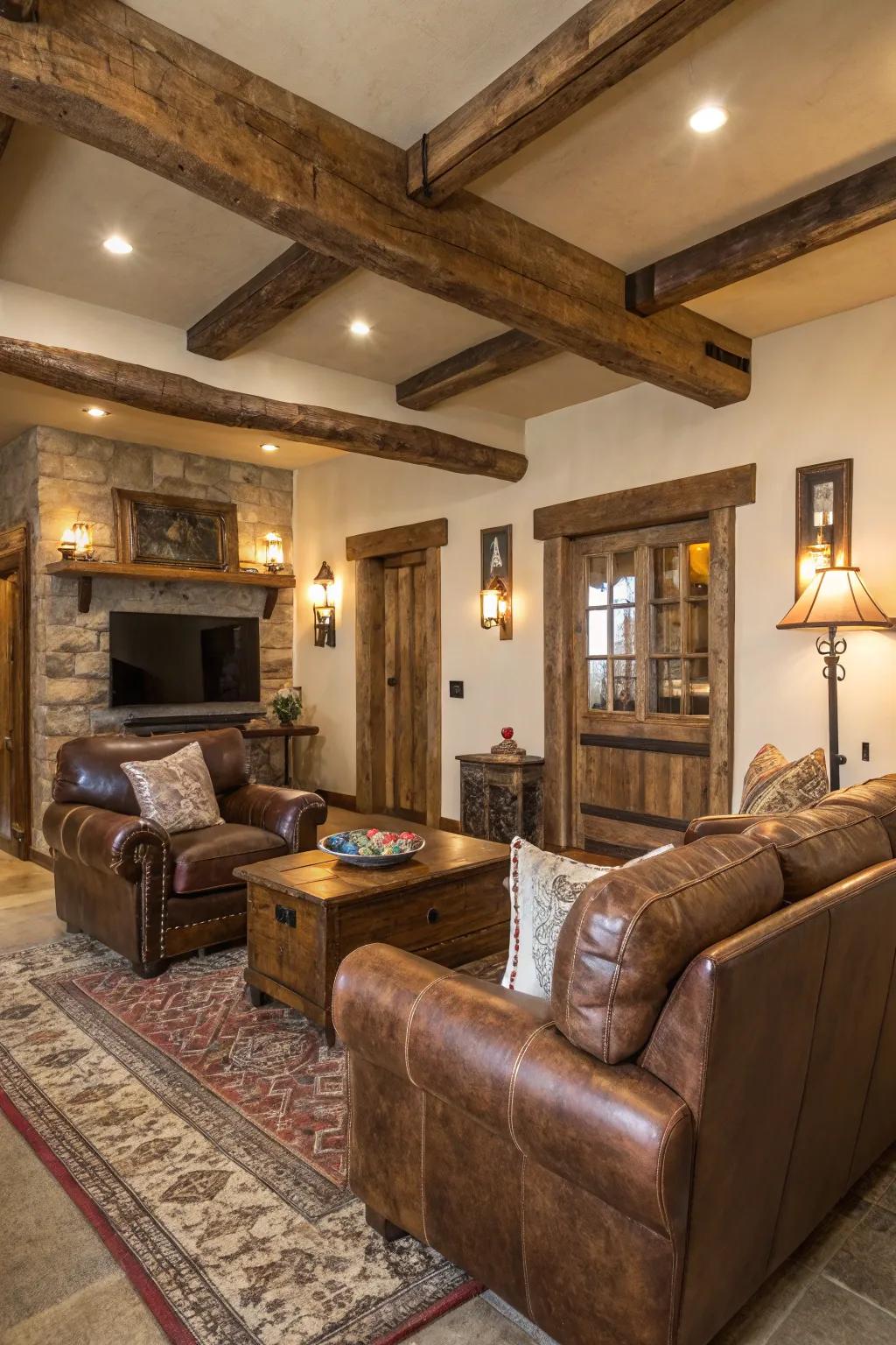 Distressed leather furniture adds comfort and character to rustic spaces.