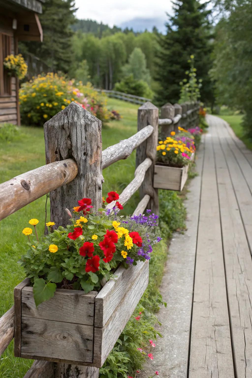 Flora boxes affixed to a timber boundary infuse vibrant animation into an unaffected environment.