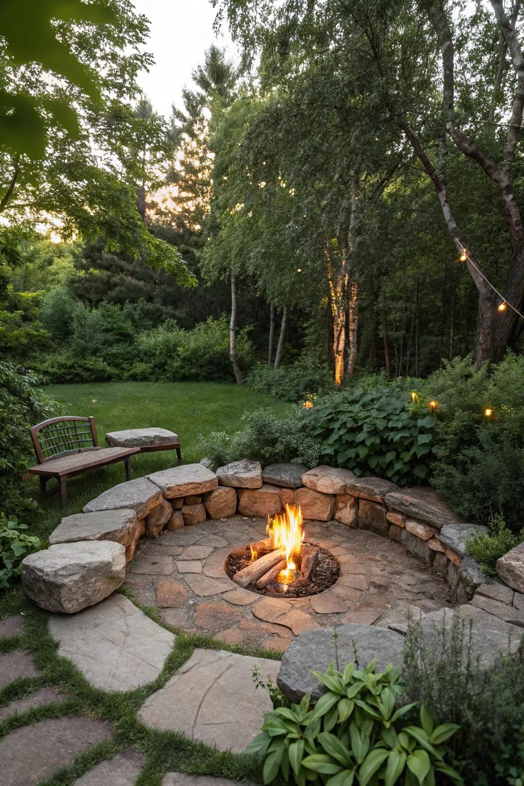 Natural rock seating makes the fire pit more inviting.