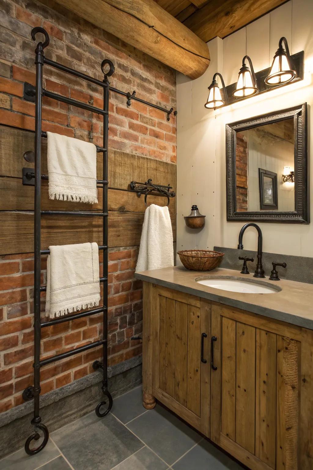 Worked iron towel racks add a <strong>rustic</strong>, industrial touch.” loading=”lazy” class=”pimg”>
	</picture><figcaption>Worked iron towel racks add a <strong>rustic</strong>, industrial touch.</figcaption></figure>
<p><strong>Worked iron towel racks</strong> provide a <strong>rustic</strong>, industrial feeling while being highly functional. I’ve used them to add a bit of rugged beauty to small spaces.</p>
<h3>Check these products out:</h3>
<ul class=