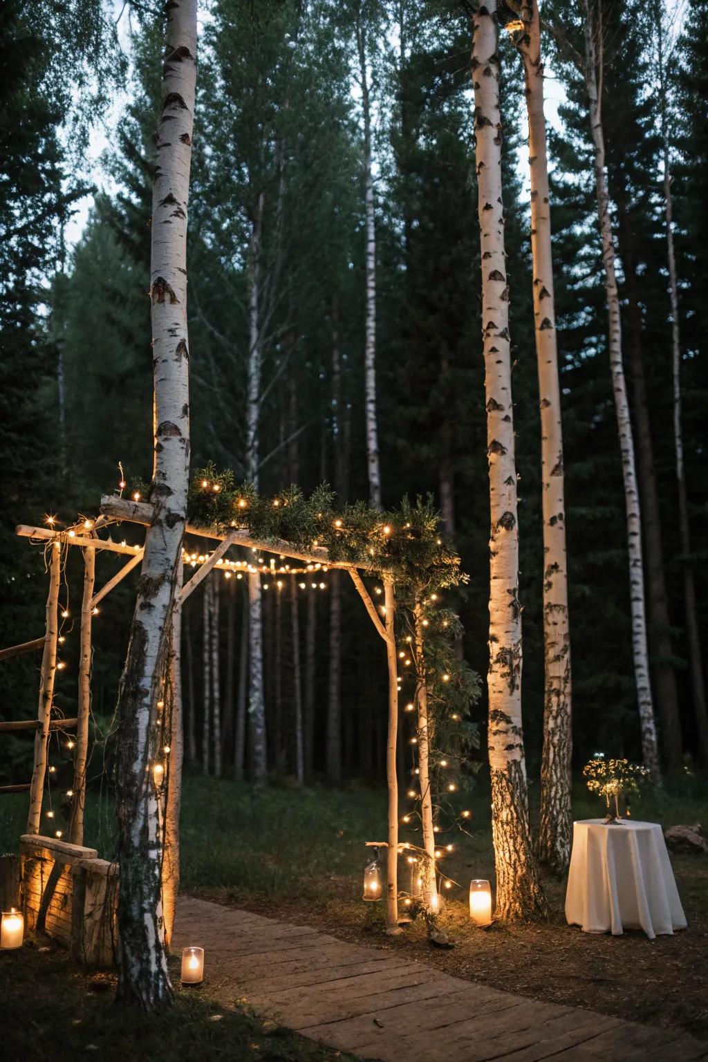 A birch arch twinkling with lights, ideal for a woodland evening celebration.