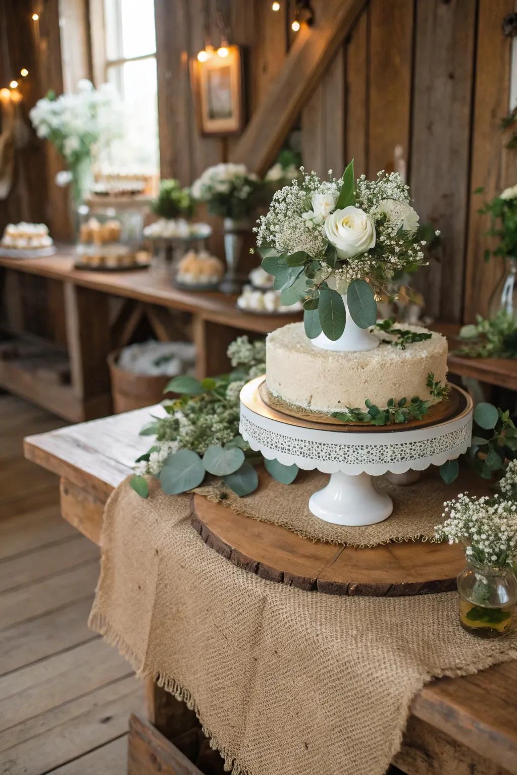 Burlap runner adds cohesion to the rustic cake display.