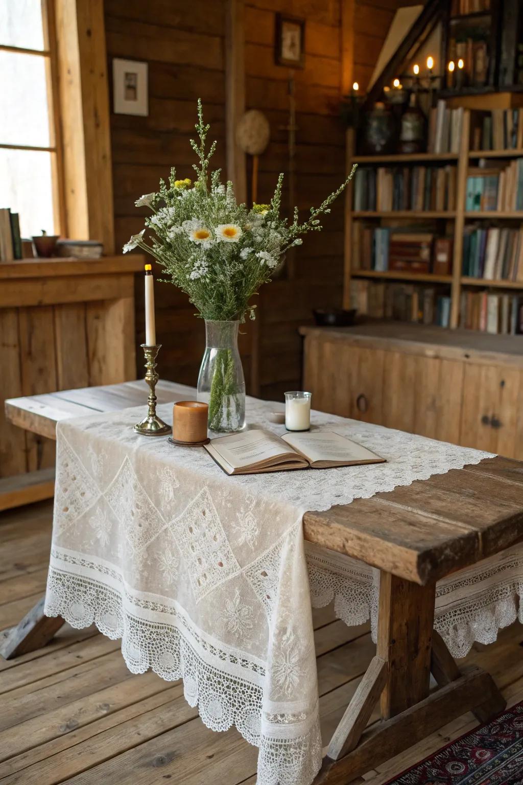 A delicate netting tablecloth enhancing the countryside charm.