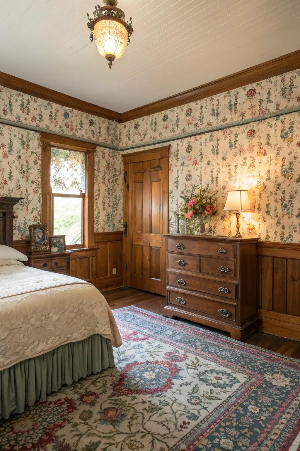 Merge paneling with wallpaper for a captivating and vintage aesthetic.