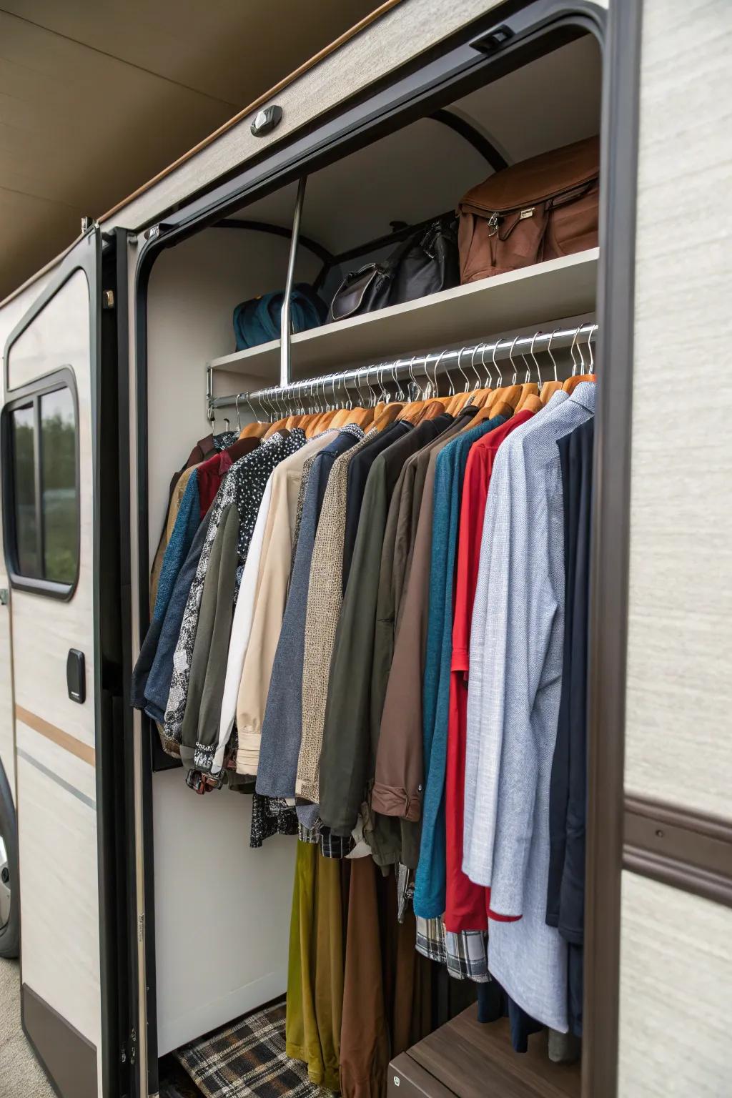 In an RV closet, layered hangers make efficient use of vertical space.