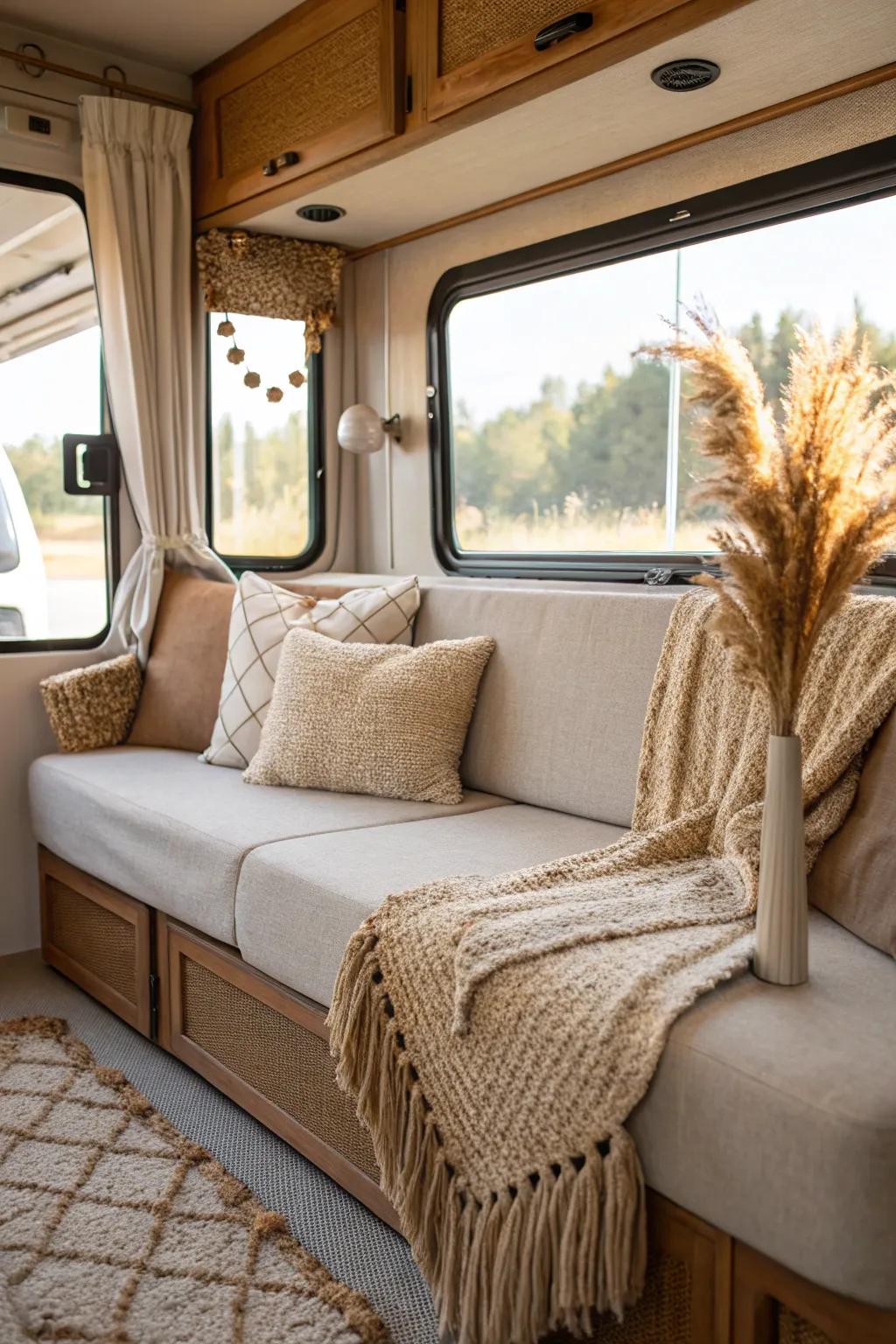 Natural materials introduce warmth and tranquility to RV interiors.