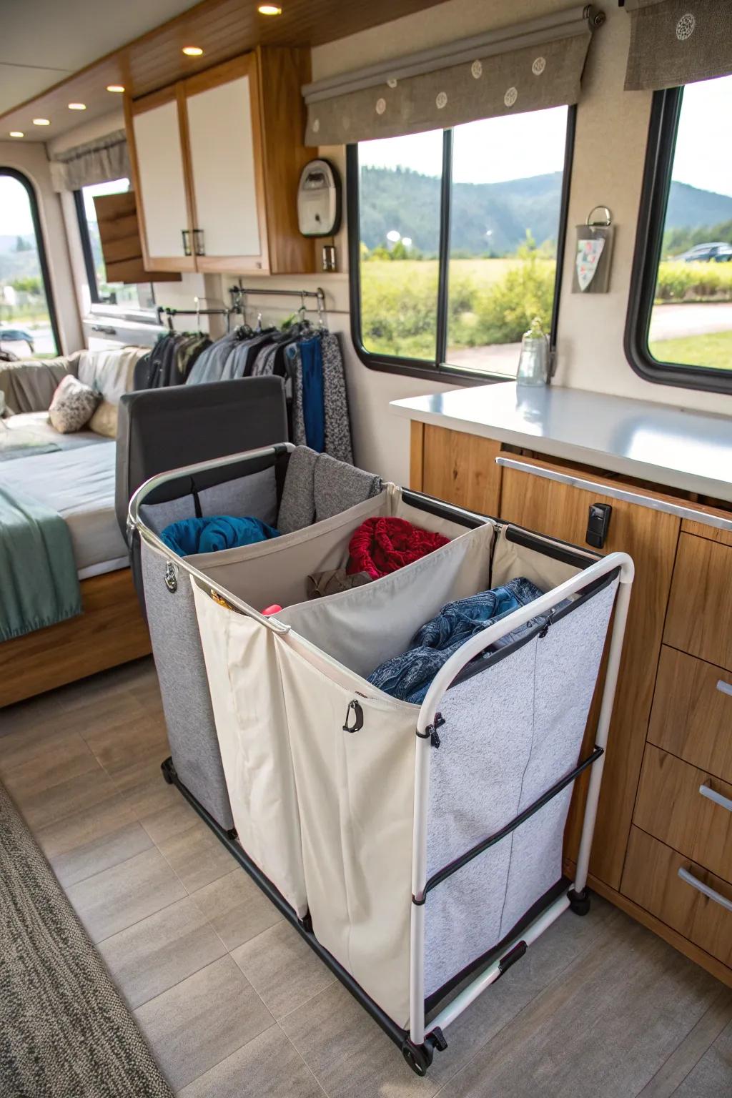 A multi-section hamper for easy laundry sorting in an RV.